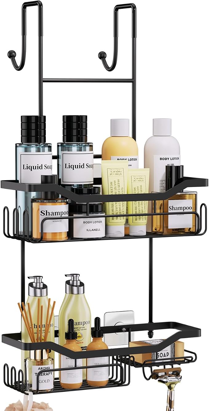 HapiRm Hanging Shower Caddy Over the Door with Soap Holder, No Drilling Adhesive Shower Organizer with 11 Hooks, Rustproof & Waterproof 304 Stainless Steel Bathroom Shelves - Black by HapiRm
