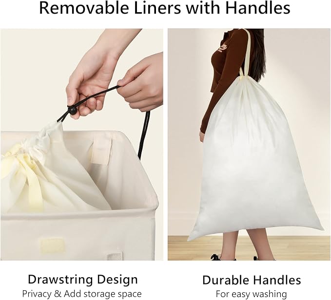 WOWLIVE 100L Laundry Hamper with Lid, Large Foldbale Laundry Basket with 2 Removable Bags and Handles, Tall Collapsible Dirty Clothes Hamper for Laundry Room, Bathroom, Dorm (Beige) - Image 5