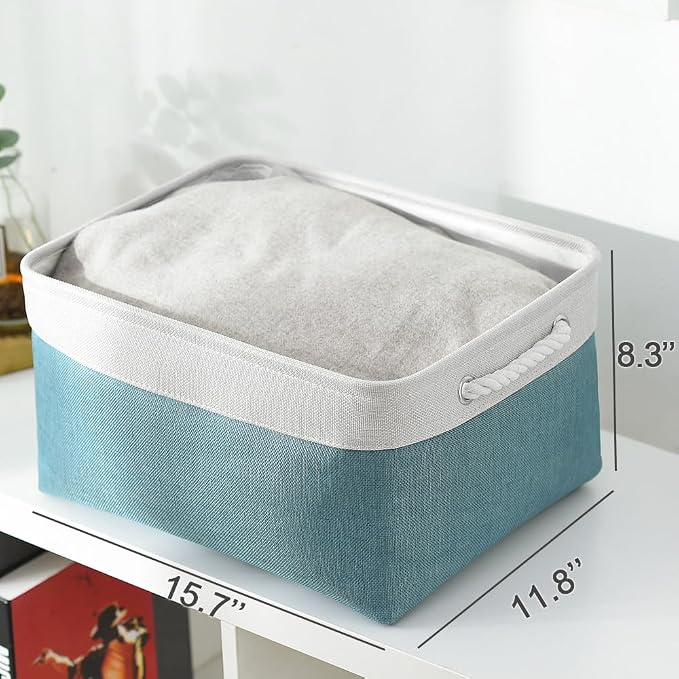 TheWarmHome Fabric Storage Bin with Handles,Storage Basket for Home Storage and Organization, Shelf Basket with Cover for Living Room Bedroom Closet（White & Green Large,15.7L*11.8W*8.3H - Image 7