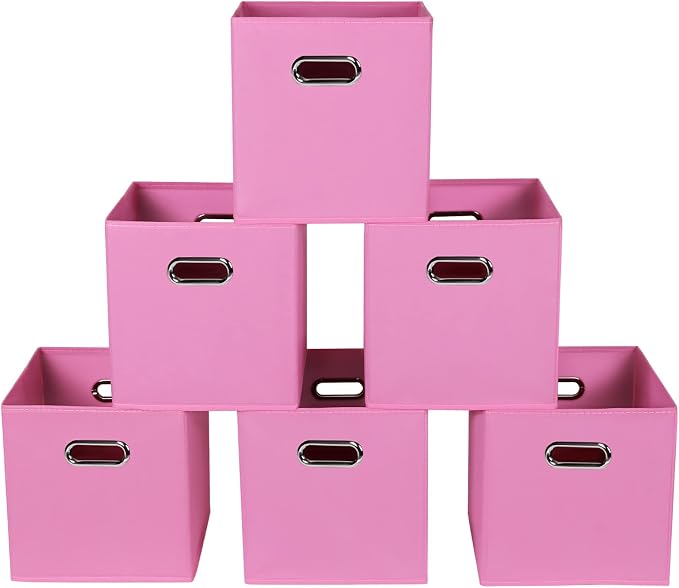 Fabric storage bins Cubes, Fabric Cube Organizer with Handle, Foldable Cube Bins for Cloth or Accessary Storage, 11x11x11, Set of 6, (Pink) by Yunkeeper