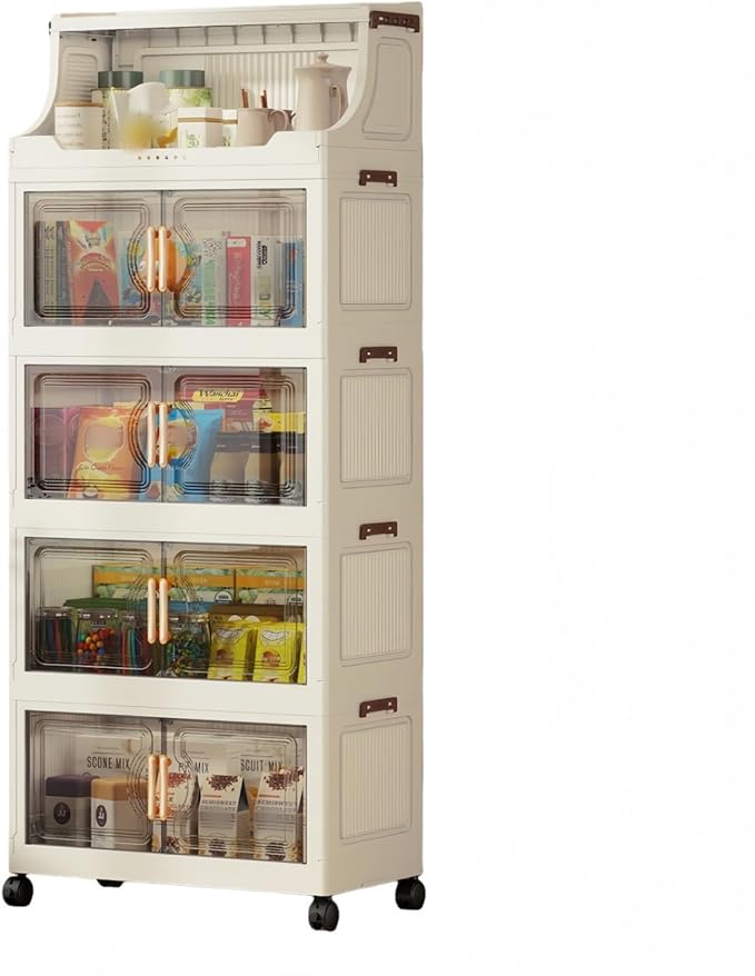 217QT Stackable Storage Bins with Lids & Rack, 5 Tier Large Capacity Foldable Storage Cabinet, Clear Collapsible Pantry Organizer for Home, Kitchen, Bathroom, Dorm, Office, Clear
