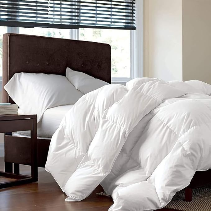 Luxurious Twin/Twin XL Size Goose Down Fiber Waterfowl Feather Fiber Comforter Duvet, 100% Egyptian Cotton Cover, 50 oz. Fill Weight, Baffle Box Design, White Solid