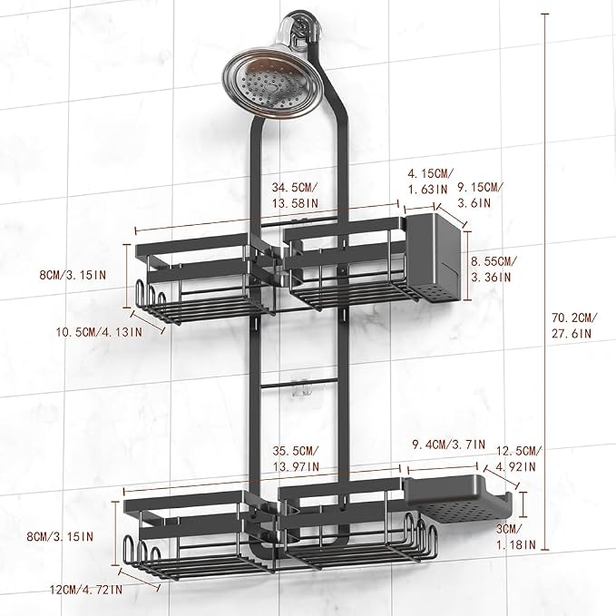 Over the Shower Head Caddy for Handheld Showerhead - Rustproof Hanging Shower Organizer, No Drill 2-Tier Bathroom Storage Shelf with Soap Holder, Black - Image 2