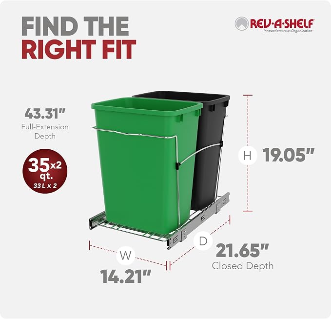 Rev-A-Shelf RV-18KD-1918C-S Double Pullout Trash Can for Kitchen Cabinets 35 Quart Garbage Recycling Bin Container on Full Slides, Green/Black - Image 3