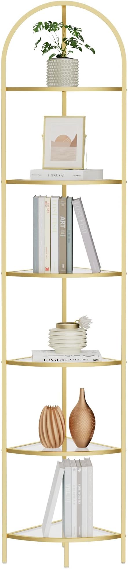 Homhedy 6-Tier Corner Shelf Stand, Metal Corner Bookshelf, Tempered Glass Shelves, Bathroom Storage Rack Shelf, Plant Stand, Modern Style, Golden - Image 9