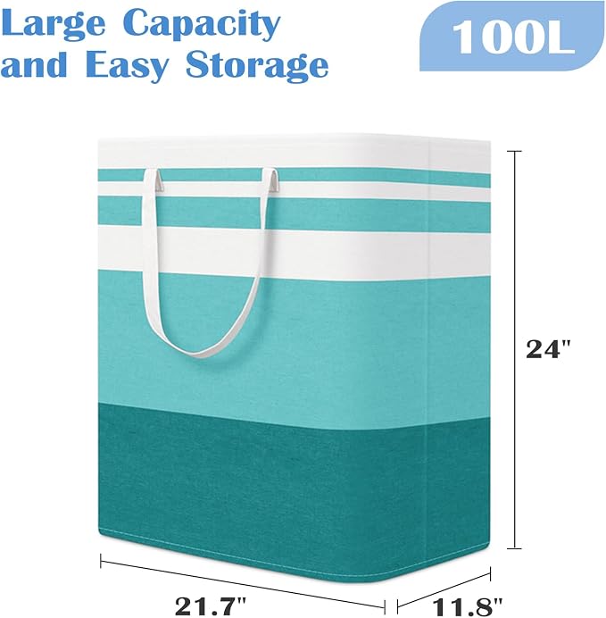 BlissTotes 3-Pack Laundry Basket, Freestanding＆Waterproof Laundry Hamper, Collapsible Tall Clothes Hamper with Easy Carry Handles for Clothes, Towels in the Family and Dorm,Gradient Green,100L - Image 2