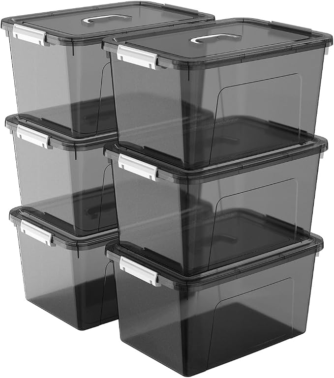 19 Quart Stackable Plastic Storage Bins with Lids, 6 Pack Clear Black Organizer Boxes with Secure Latches for Garage, Tools, Closet, Office, Durable Storage by JUJIAJIA