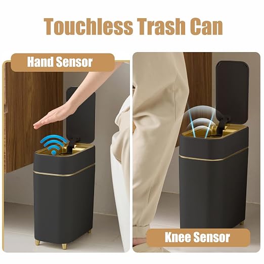 Yatmung 2-Pack - Automatic Trash Cans Touchless Motion Sensor Bathroom Trash Can - Waste Basket for Bedroom, Home Offices, Small Spaces - Compact Smart Garbage Can with Lid - Black with Gold Edge - Image 4