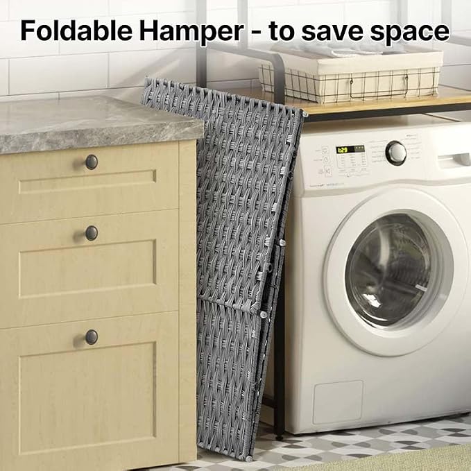 Greenstell Laundry Hamper with lid, No Install Needed, 110L Wicker Laundry Baskets Foldable 2 Removable Liner Bags, 2 Section Clothes Hamper Handwoven Rattan Laundry Basket with Handles, Gray - Image 7