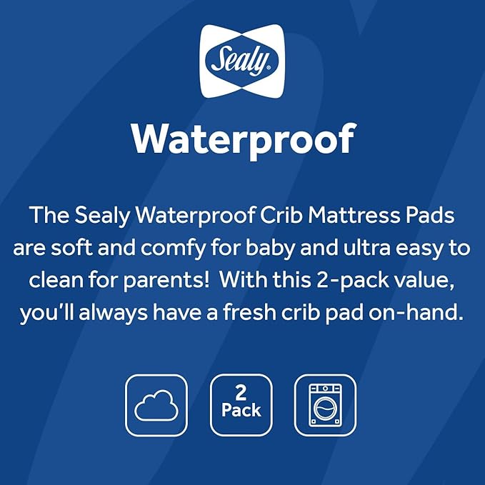 Sealy Baby 2-PACK Fitted Waterproof Infant Crib Mattress Protector Pad and Toddler Bed Cover, Durable and Comfortable Topper, Machine Washable and Dryer Friendly, 52x28”- White