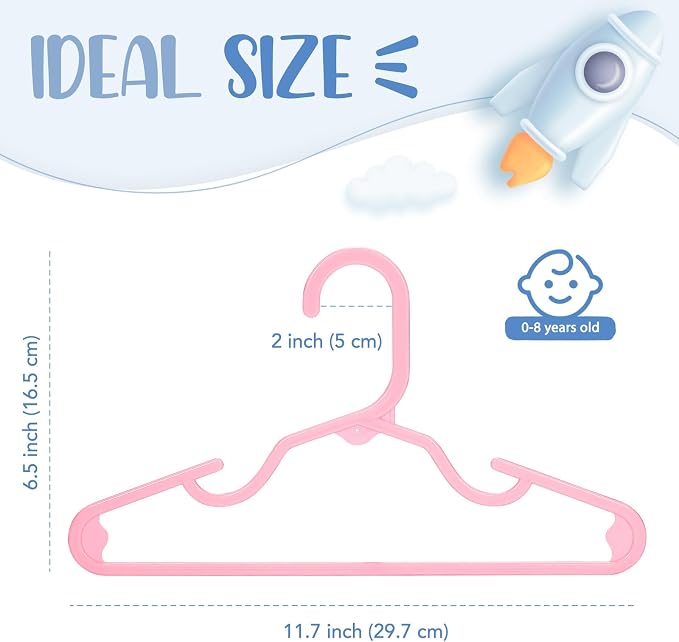 HOUSE DAY Plastic Baby Hangers for Closet 60 Pack, Durable Plastic Kids Hangers for Baby Clothes, Thin & Compact Childrens Hangers, Space Saving Pink Baby Hanger, Small Hanger for Kids Clothes - Image 8