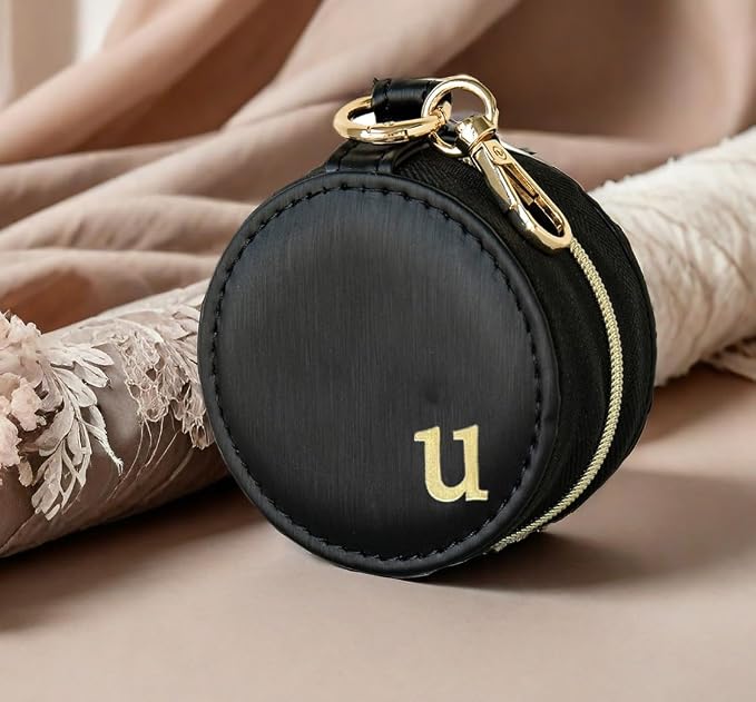 COLLECTIVE HOME - Monogrammed Letter Jewelry Case, Portable Travel Ring Holder Box with Keychain, Personalized Initial Organizer for Earrings Necklaces, Gift for Her (Black-u) - Image 2