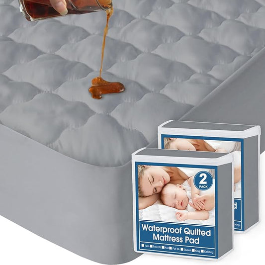 Twin Mattress Protector Pad Waterproof Quilted, Breathable & Cooling Twin Size Mattress Cover Fitted for Kids with Deep Pocket Up to 14" for Single Bed, 2 Pack (Gray)