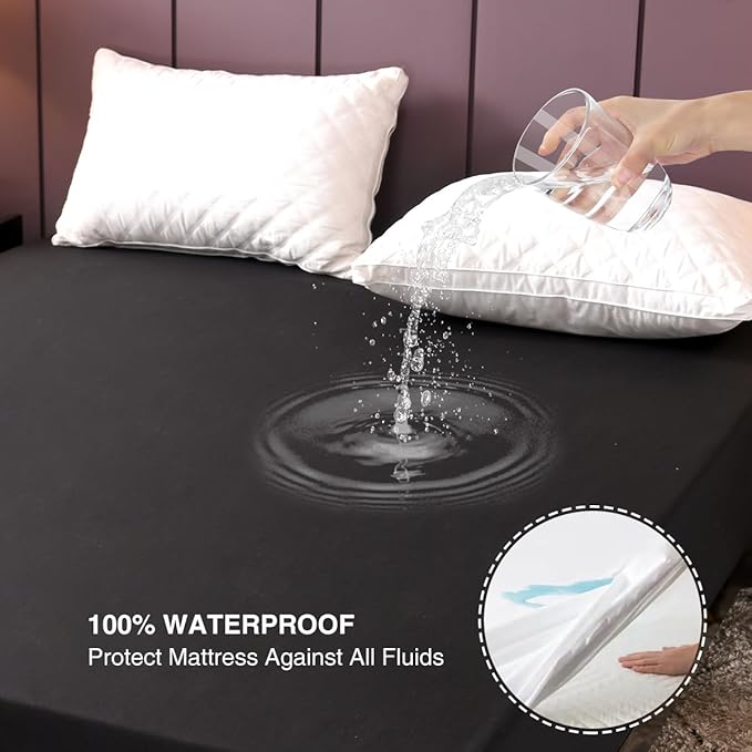 NTBED Black Waterproof Mattress Protector Cover Queen Size 14 inches Deep Pocket Polyester Bed Cover Solid Color Fitted Sheet (60‘’x80‘’ (Black, Queen)