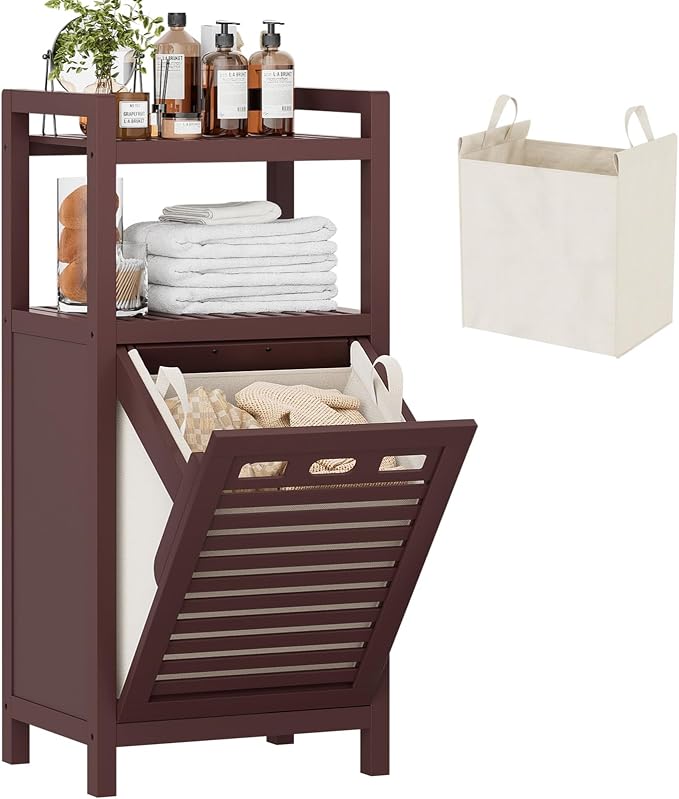 Homykic Tilt Out Laundry Hamper Cabinet, 10 Gal Bamboo Laundry Cabinet with Removable Basket, Hidden Hamper Organizer with Shelf for Dirty Clothes, Bathroom, Laundry Room, Space Saving, Espresso by Homykic