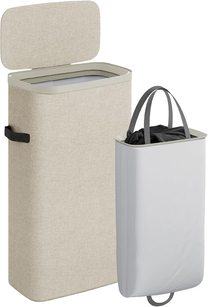 CASAMAYA Laundry Basket with Lid, Slim Laundry Hamper, 65L collapsible Laundry Organizer, Easy Assembly, with Handles and Removable Liners, 15.4 x 8.7 x 29.5 Inches, Beige JSP901M by Unknown