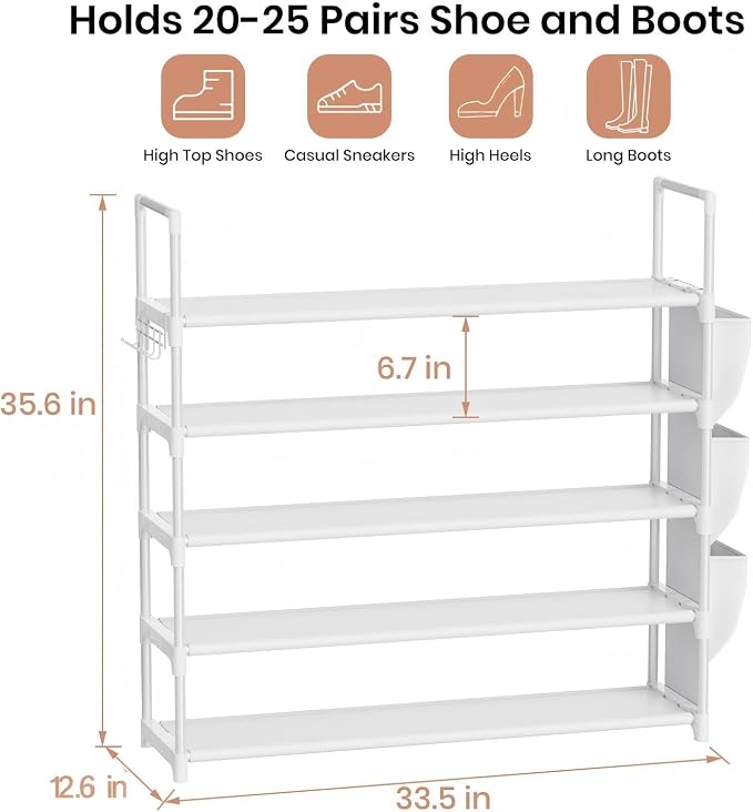 VILICK Shoe Rack for Closet Shoe Organizer Space Saver Storage for 20-25 Pair Shoe Shelf with Hook and Side Pocket Free Standing 5 Tier Shoe Rack Organizer for Entryway,Small Spaces, White - Image 3