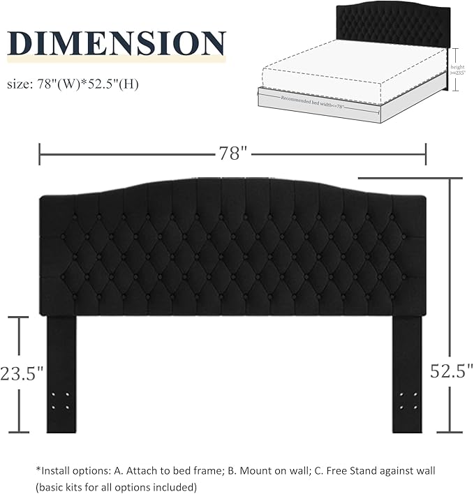 Befurtori King Headboard Only, Upholstered Headboard King for Adjustable Bed Velvet Tufted Wall Mounted Head Board with Solid Wood Legs Head Board, Black