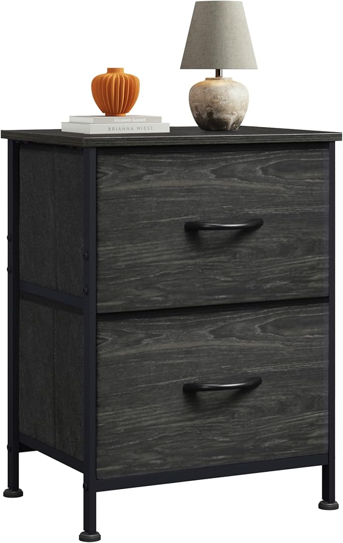 WLIVE Night Stand, Small Dresser with 2 Drawers & Wooden Top, Nightstand with Fabric Bins, Bedside Table End Table for Bedroom, Closet, Entryway, College Dorm, Charcoal Black