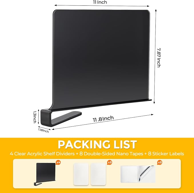 JOY DECOR 6 Pack Acrylic Matte Black Shelf Dividers for Closets Organizer and Storage Adjustable Vertical Wood Shelf Closet Separators for Clothes,Book,Bags in Bedroom and Kitchen - Image 2