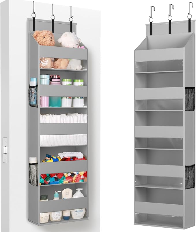 Lifewit 1 Pack Over the Door Organizer, Clear Window Hanging Storage with 4 Side Pockets, Anti Tilt 40 lbs Load Behind Door for Pantry, Nursery, Bathroom, Bedroom, Dorm, 5 Section, Light Gray by Lifewit