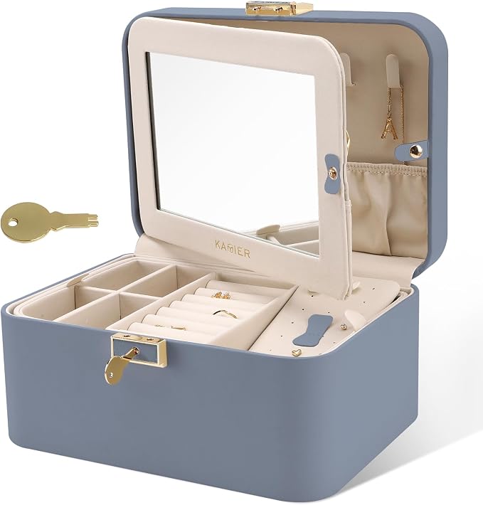 KAMIER Jewelry Organizer Box, 2 Layers PU Leather, Large Capacity, Double Lock and Large Mirror, Hidden Necklace Hooks, Removable Dividers, Gift Box Packaging,Bluish Grey by KAMIER