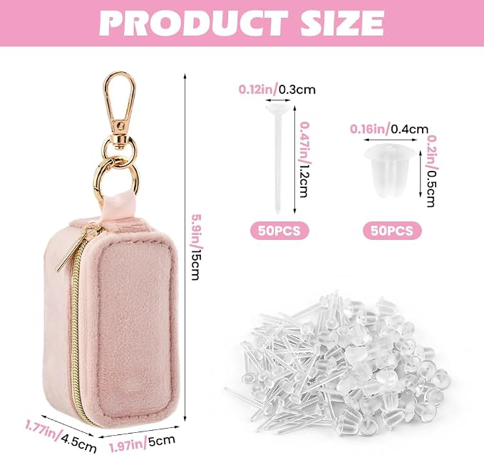 Velvet Mini Travel Jewelry Case, 2 in 1 Ring Holder Keychain + 50 Plastic Earrings, Portable Small Jewelry Organizer for Women, Travel/Gym/Wedding/Bridesmaid Gift - Image 2