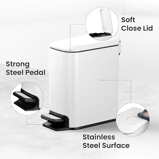 Cesun Small Bathroom Trash Can with Lid Soft Close, Step Pedal, 6 Liter / 1.6 Gallon Stainless Steel Slim Garbage Can for Bedroom, Diaper Waste Basket with Removable Inner Bucket (White) - Image 3