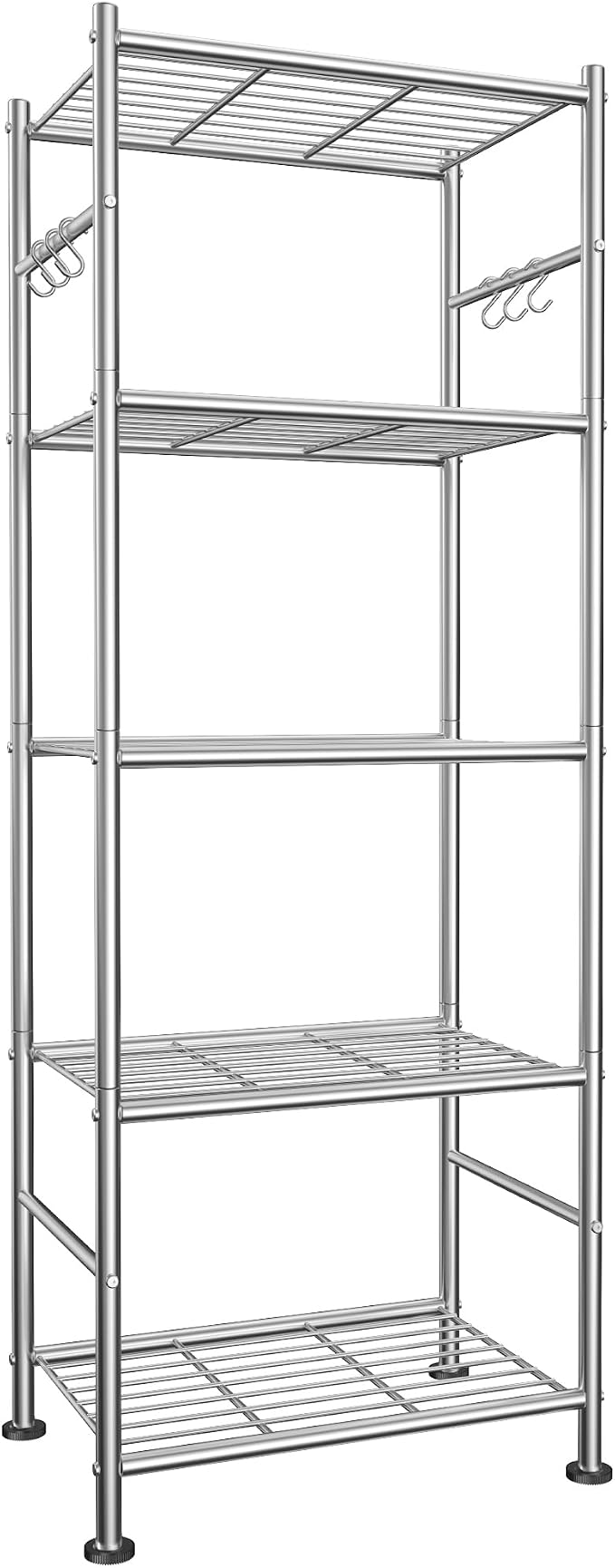 Sakugi Storage Shelves - 5-Tier Large Capacity Shelf Organizer with Hooks, Heavy-Duty Garage Shelving with Leveling Feet, Wobble-Free Rack for Bedroom, Balcony, Garage, 18.1"×12.4"×56.8", Silver by Sakugi