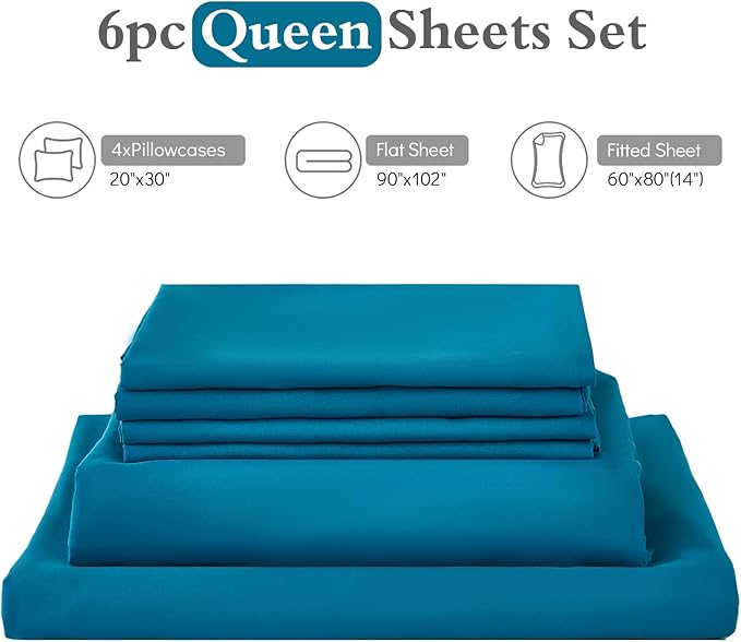 ILAVANDE Teal Queen Sheets Set 6 Piece,Hotel Luxury Super Soft 1800 Series Microfiber Queen Bed Sheets Set-Wrinkle Free & Breathable-14 Deep Pocket Sheets for Queen Size Bed(Queen,Teal)