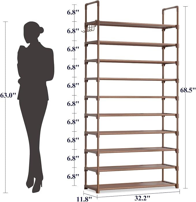 Kitsure Shoe Rack for Closet - 10-Tier Shoe Organizer with Hook Rack, Large-Capacity & Space-Saving Shoe Shelf for Entryway, Bedroom, Living Room,32.2" x 11.8" x 68.5", Brown - Image 2