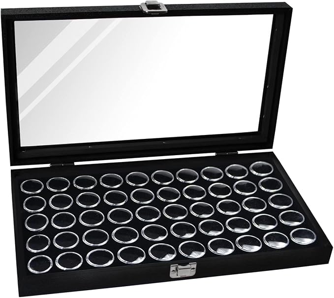 MOOCA Black Glass Top Jewelry Display Case Box 50 Gem Jars, Ring Box, Jewelry Organizer, Gem jar storage for Jewelry, Glass Display Box, storage Tray - Image 3