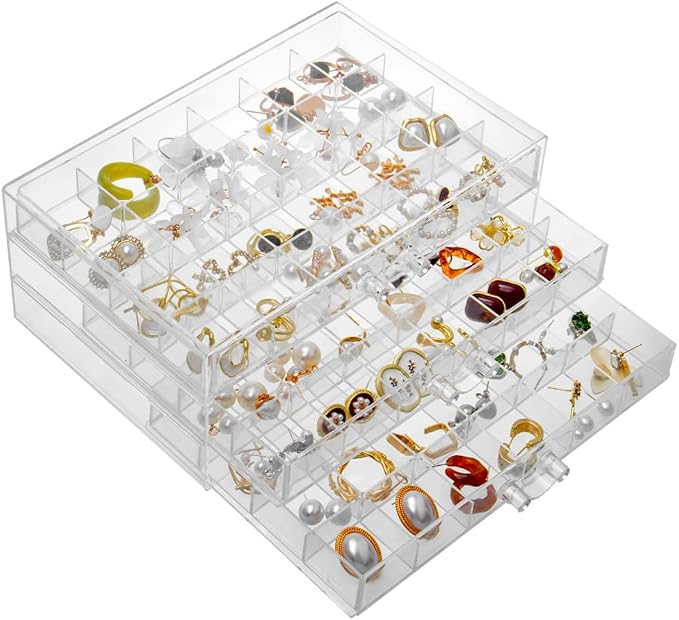 YUFONG Earring Storage Box Organizer 3 Drawers Acrylic Jewelry Storage Box Holder Transparent Jewelry Display Stand with 72 Small Compartments Gift for Women Girls (Clear) - Image 7