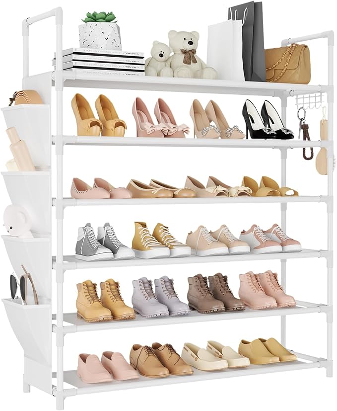 LANTEFUL 6 Tier Shoe Rack Storage for 24-30 Pairs Shoe and Boot, Shoe Organizer with Hook and Side Pocket Free Standing Long Shoe Shelf Tall Shoe Rack Organizer for Closet, Entryway, Dorm, White by LANTEFULforTidyingHouse