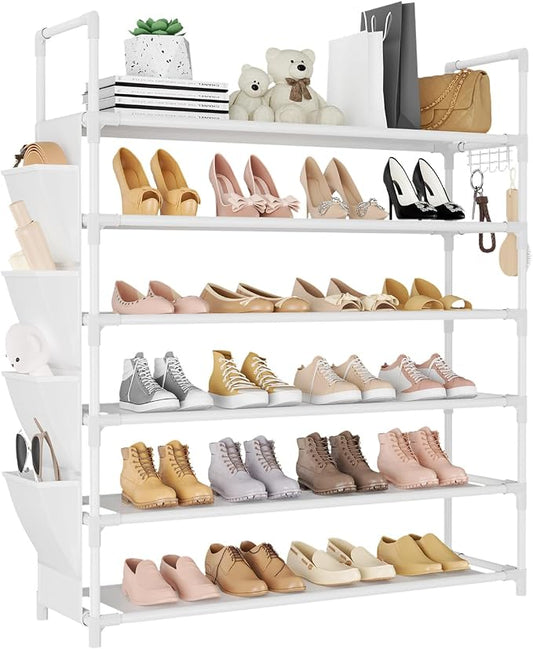 LANTEFUL 6 Tier Shoe Rack Storage for 24-30 Pairs Shoe and Boot, Shoe Organizer with Hook and Side Pocket Free Standing Long Shoe Shelf Tall Shoe Rack Organizer for Closet, Entryway, Dorm, White by LANTEFULforTidyingHouse
