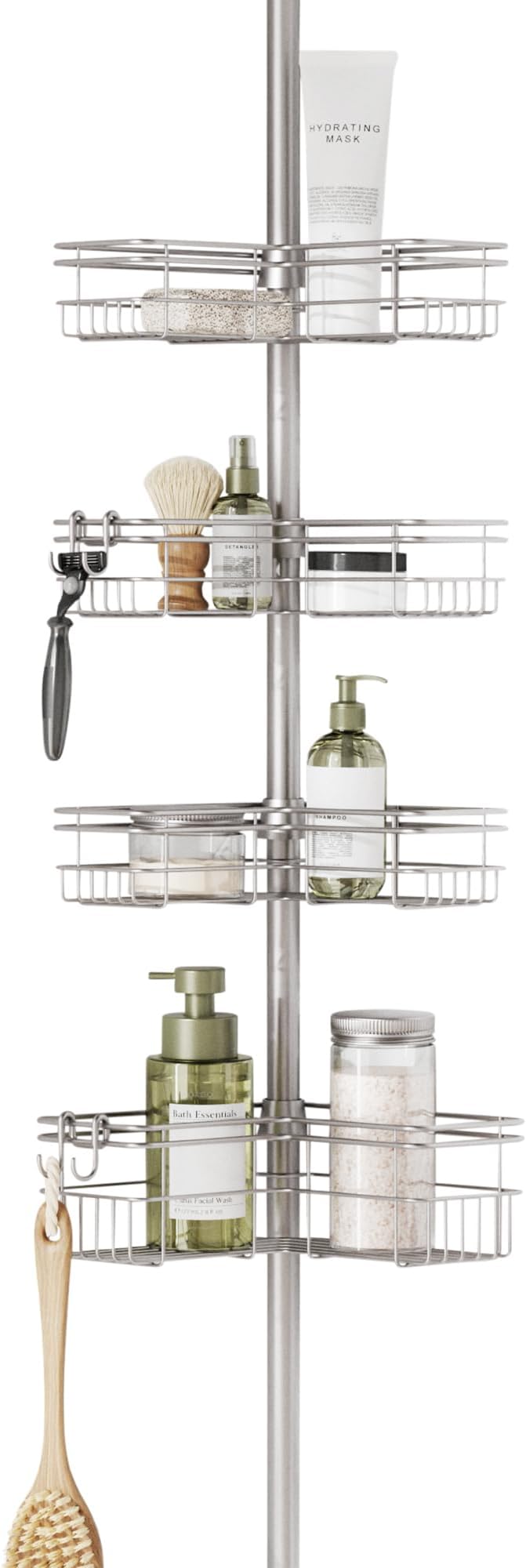 Zenna Home Tension Pole Shower Caddy Corner Organizer, Adjustable Standing Shower Caddy with 4 L-shaped Baskets and Hooks, Rust Resistant Bathroom Tension Rod Organizer, 60 to 97 Inch, Satin Nickel by ZennaHome