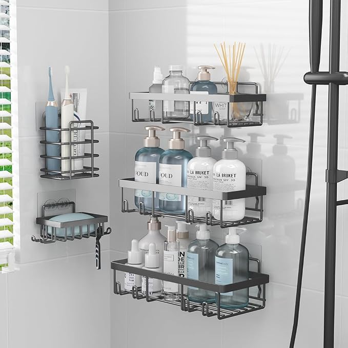 Liuoud 5 Pack Shower Caddy Organizer Rack Shelf for Inside Shower, Self Adhesive Bathroom Wall Storage Basket Rustproof Stainless Steel Large Capacity Shampoo Holder, Dark Grey - Image 8