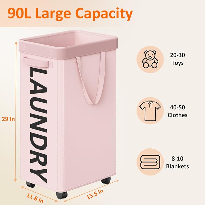 Optish Pink Laundry Basket with Wheels, Dorm Room Essentials for Girls, 90L Rolling Laundry Hamper with Wheels and Removable Mesh Bag for Clothes, Bedroom, Bathroom, College - Image 3