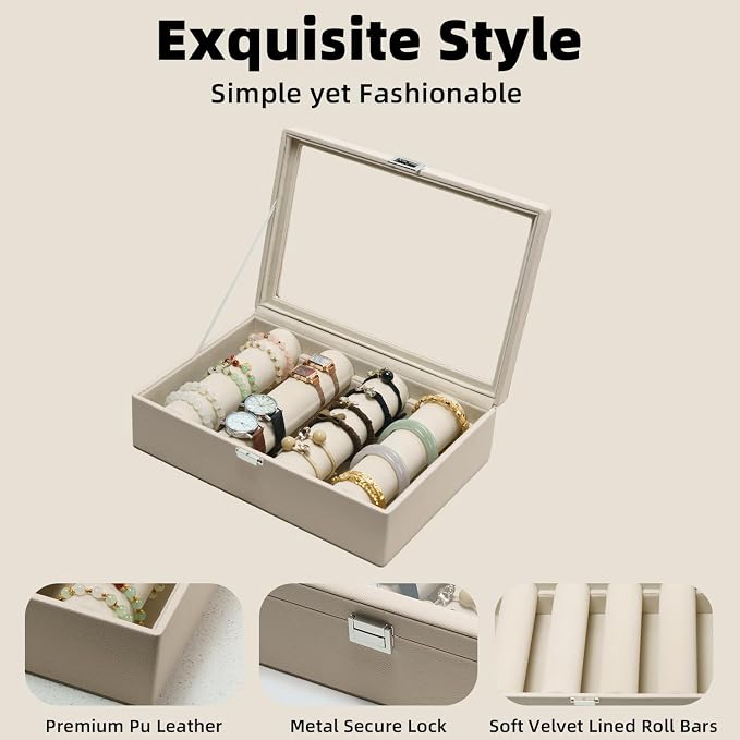 Bracelets Organizer Rods Bangles Display Holder, Clear See through Lid Leather Velvet Jewelry Storage Box Case for Women, 4 Rods Apricot Leather - Image 3