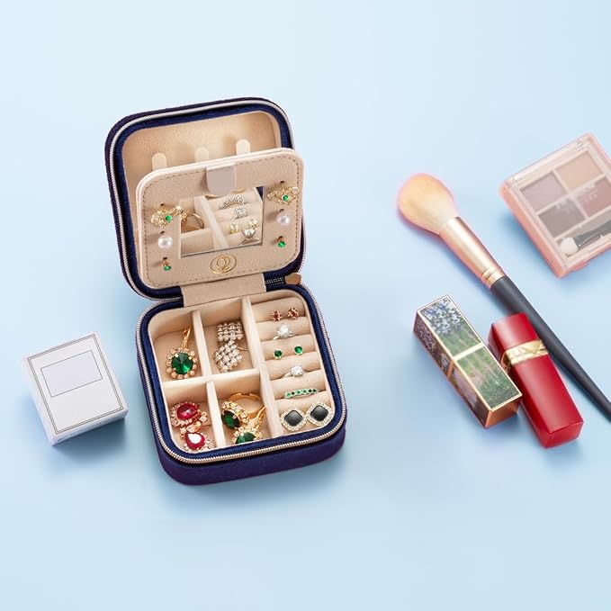 Plush Velvet Travel Jewelry Case,Mini Jewelry Box,Small Jewelry Organizer Portable Display Jewelry Storage Case, for Girls Women (NavyBlue-With Mirror) - Image 3
