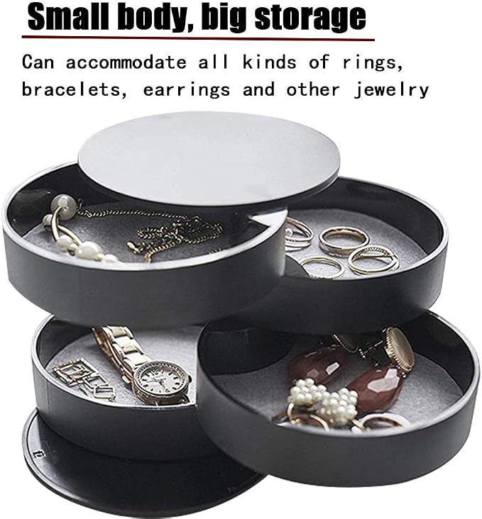 TIMESETL Jewelry Organizer, Small Jewelry Storage Box Earring Holder for Women, 4-Layer Rotating Travel Jewelry Tray Case with Lid for Bracelets Rings Bracelets - Black - Image 4