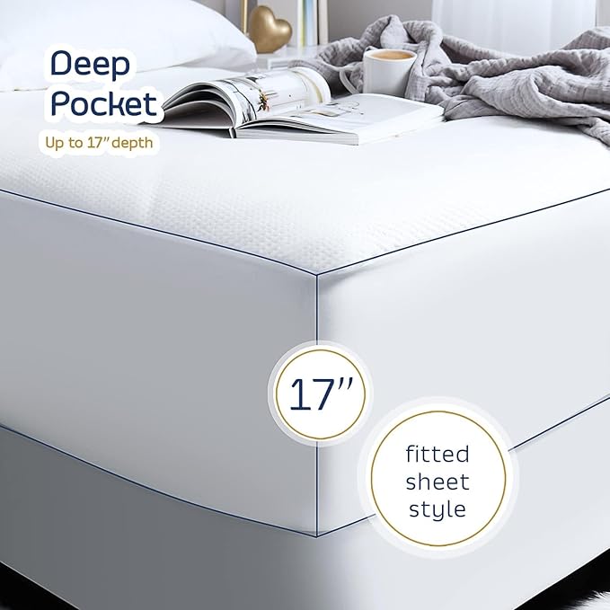 Nestl Waterproof Mattress Protector, Washable Mattress Cover, Fitted Mattress Pad with 17" Deep Pocket (Queen + 2 Pillows)