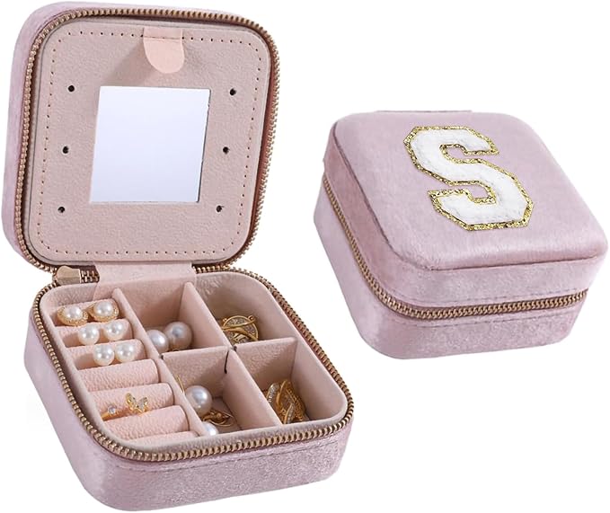 Travel Jewelry Case for Women Fashion, S Initial Small Travel | Gifts Trendy Stuff | Personalized Pink for Teen Girl by HKDSGF