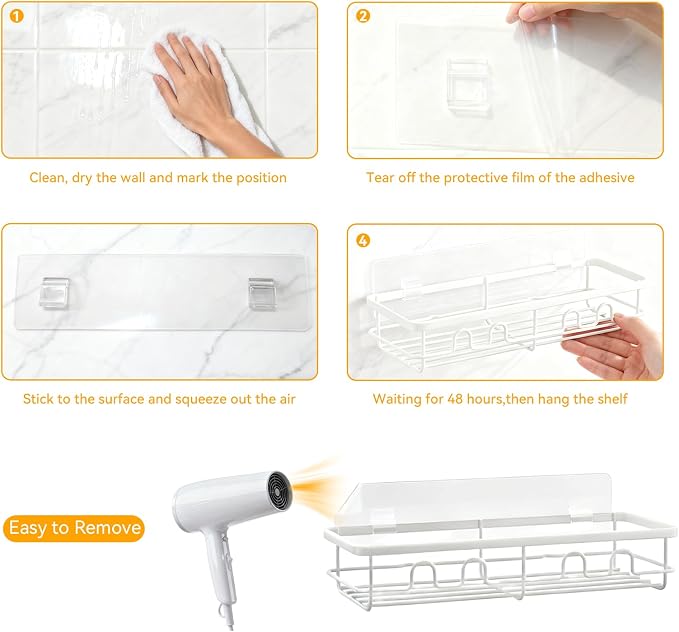 Adhesive Shower Caddy, Large Capacity Shower Racks for Inside Shower, No Drill Bathroom Shower Organizer and Storage, 2 Pack White Bathroom Shelves, Home Decor Rv Accessories, Apartment - Image 8