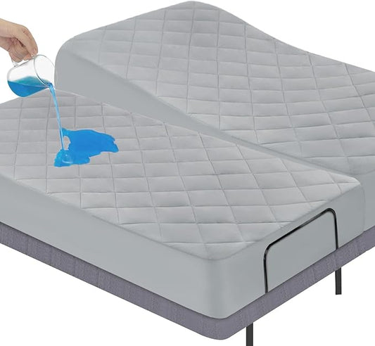 Split King Mattress Pad Waterproof Quilted, Fitted Mattress Protector Cover 39" X 80" 2 Pack Noiseless & Soft, Split King Mattress Topper for Adjustable Bed, Grey