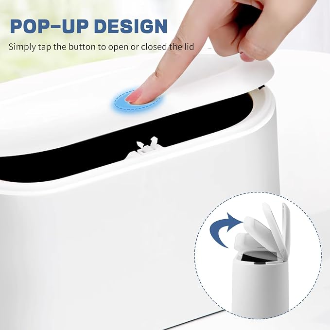 LTWQLing Mini Trash Can with Lid - Removable Small Garbage Can, Tiny Plastic Trash Bin, Pop Up Countertop Wastebasket, Counter Garbage Lint Bin for Bathroom,Office,Kitchen,Desk,Coffee Table(White) - Image 2