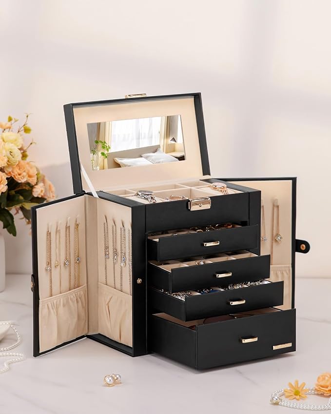 Homde Mothers Day Gifts Synthetic Leather Huge Jewelry Box Mirrored Watch Organizer Necklace Ring Earring Storage Lockable Gift Case (Black + Gold) - Image 9