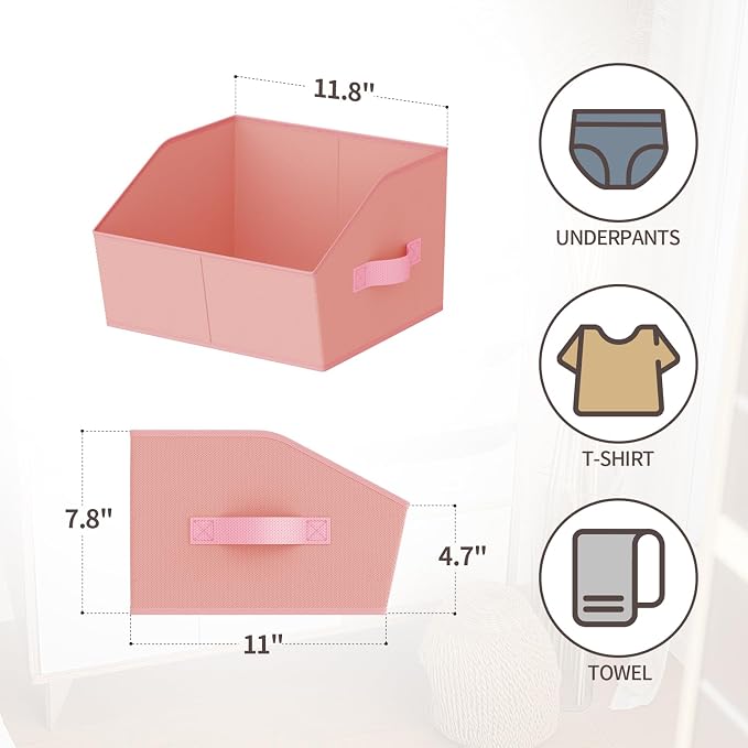 Homsorout Storage Bins for Shelves - Small Trapezoid Closet Shelf Organizer, Fabric Organization Bins with Handles, Storage Baskets for Clothes, Towel, Purse, 6 Pack, Pink - Image 2