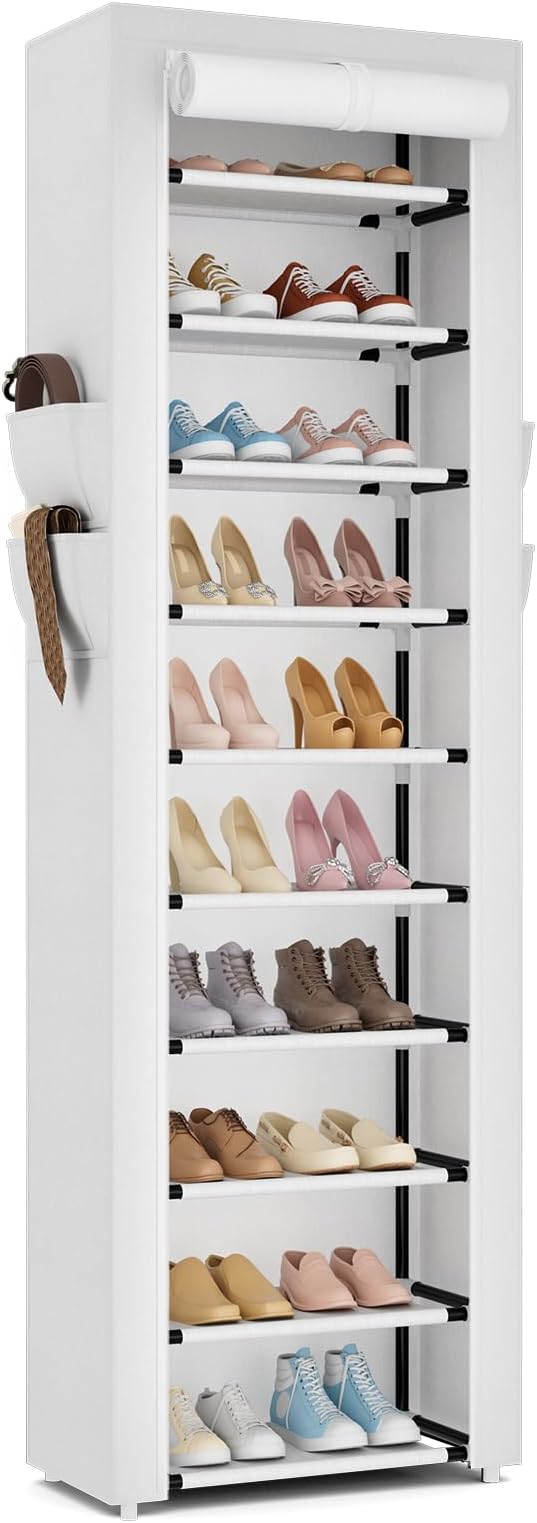 ROJASOP Shoe Rack with Covers 10 Tier Large Shoe Organizer Tall Shoe Closet Storage for 20-22 Pairs Shoe and Boot, Free Standing Shoe Rack Organizer for Closet, Entryway, Bedroom, White by ROJASOP