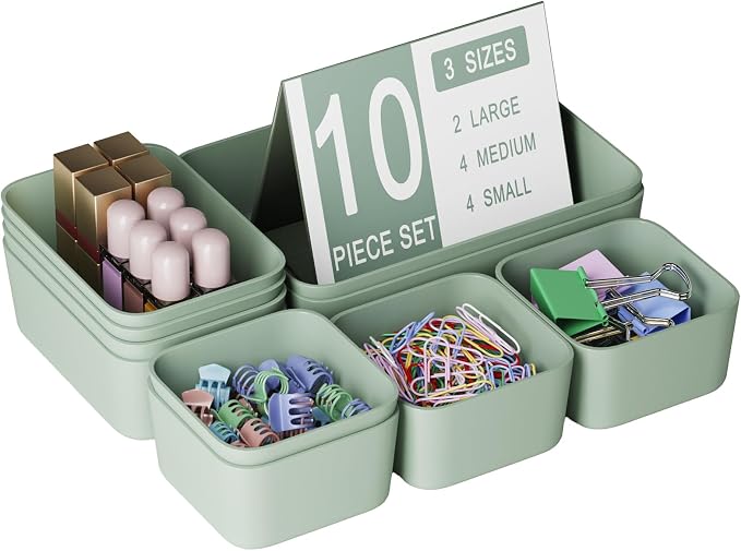 Plastic Drawer Organizers, 10 PCS Drawer Organizer Bins, Bathroom and Vanity Organizer Plastic Tray, Makeup organizer and storage for Makeup, Bedroom, Kitchen Gadgets Utensils and Office (Green) by Homhut
